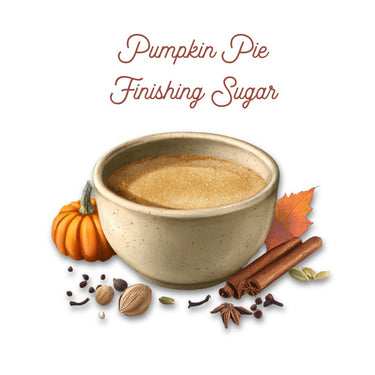 A bowl of Pumpkin Pie Finishing Sugar 🎃 – Sweet, Spiced & Ready for Fall Sippin sits amid a pumpkin, autumn leaf, and warming spices, capturing the essence of this flavorful baking topping. Pumpkin Pie Finishing Sugar appears above.